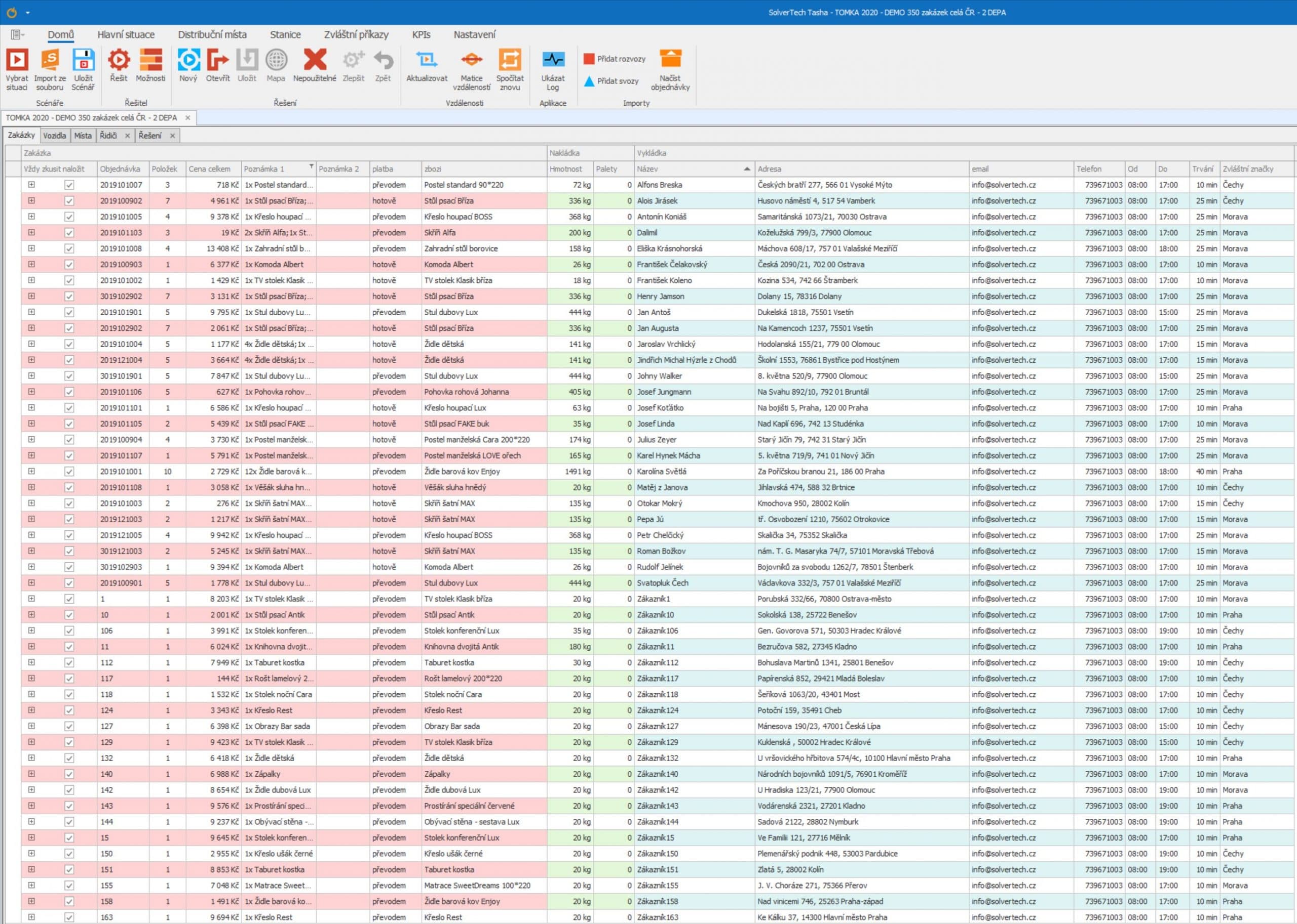 program pro plánování tras Tasha - náhled seznamu zakázek